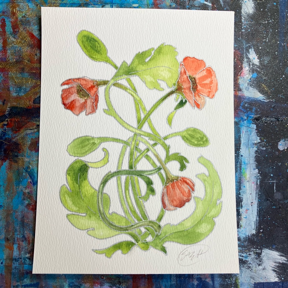 Original Poppies floral watercolor painting handmade artwork nouveau decor EAEH